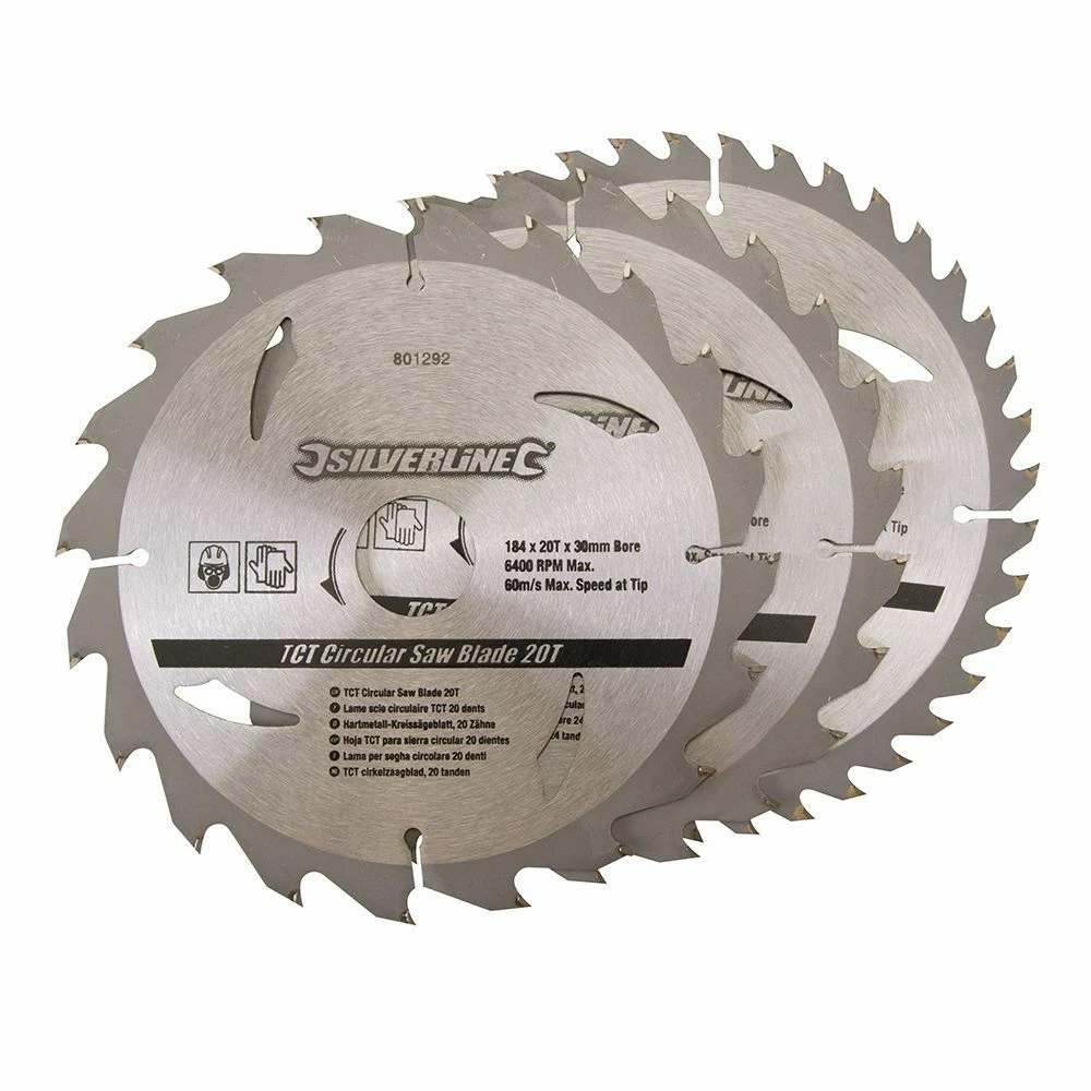 Silverline TCT Circular Saw Blade TRIPLE PACK 184 X 30mm (20, 24 & 40 Teeth) 1 Silverline TCT Circular Saw Blade TRIPLE PACK 184 X 30mm (20, 24 & 40 Teeth)